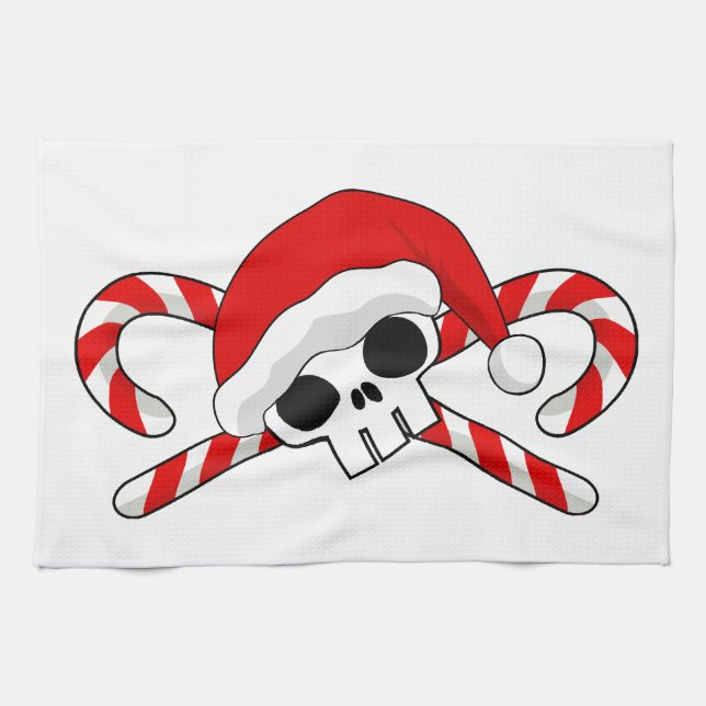 Cute Santa Skull with Candy Canes Tea Towel (Horizontal)
