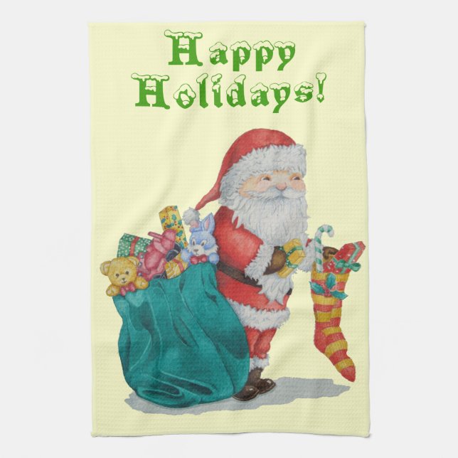 cute santa smiling and getting ready for christmas tea towel (Vertical)