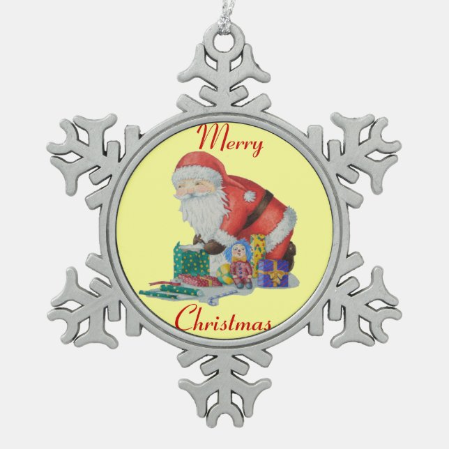Cute santa smiling with green sack for christmas snowflake pewter christmas ornament (Front)