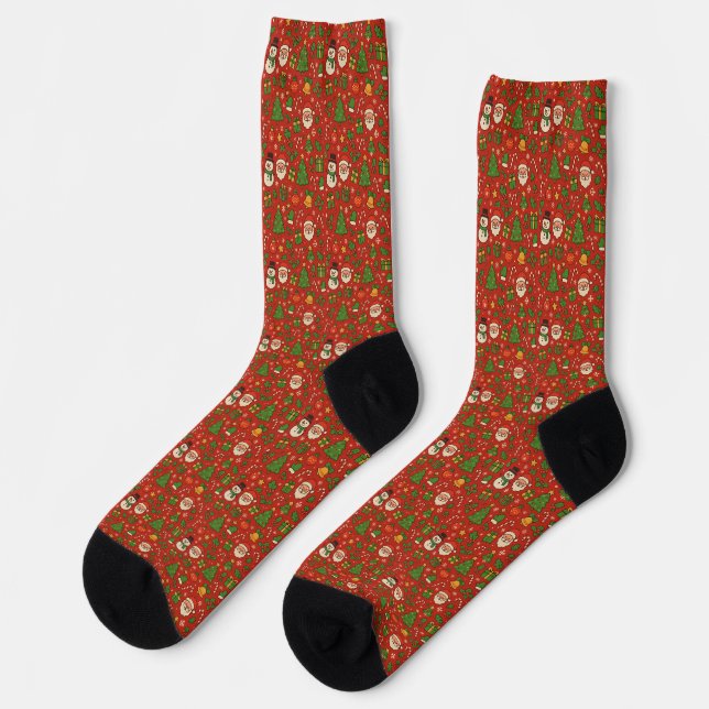 Cute Santa & Snowman Red Christmas Tree Socks (Left)