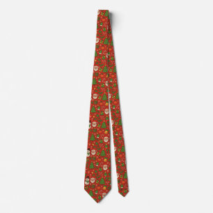 Cute Santa & Snowman Red Christmas Tree Tie