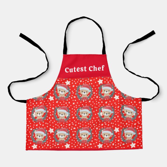 Cute Santa Teddy Bear Red and White Star Christmas Apron (Front)