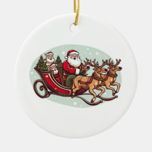 Cute Santa Traveling with Train pulled by the rein Ceramic Ornament