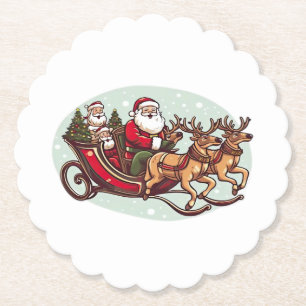 Cute Santa Traveling with Train pulled by the rein Paper Coaster
