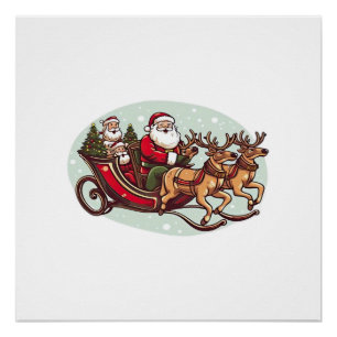 Cute Santa Traveling with Train pulled by the rein Poster