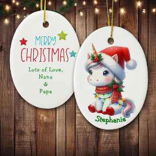 Cute Santa Unicorn in Holiday Lights Ceramic Ornament