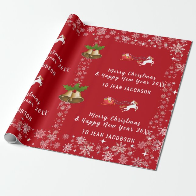 Cute Santa Unicorn Modern Script Personalised Name Wrapping Paper (Unrolled)