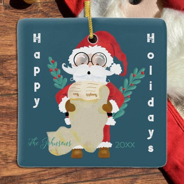 Cute Santa with List Dark Blue Christmas Ornament (Cute Santa checking his list square ceramic ornament .)