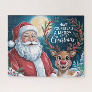 Cute Santa With Merry Christmas Reindeer Jigsaw Puzzle