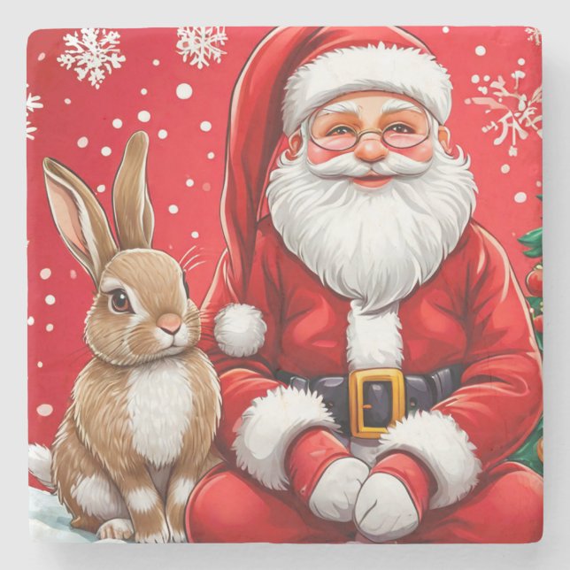 Cute santa with rabbit stone coaster (Front)