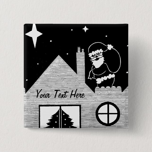 Cute santa with sack on roof black and white 15 cm square badge (Front)