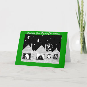 Cute santa with sack on roof black and white art holiday card