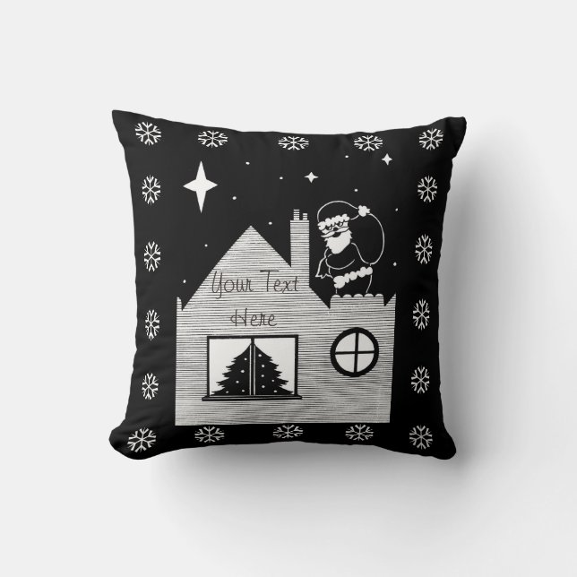Cute santa with sack on roof black and white cushion (Front)