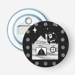 Cute santa with sack on roof black and white glass bottle opener