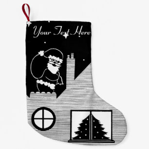 Cute santa with sack on roof black and white small christmas stocking