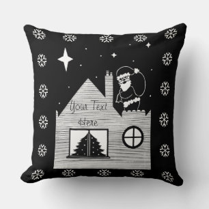 Cute santa with sack on roof monochrome christmas cushion