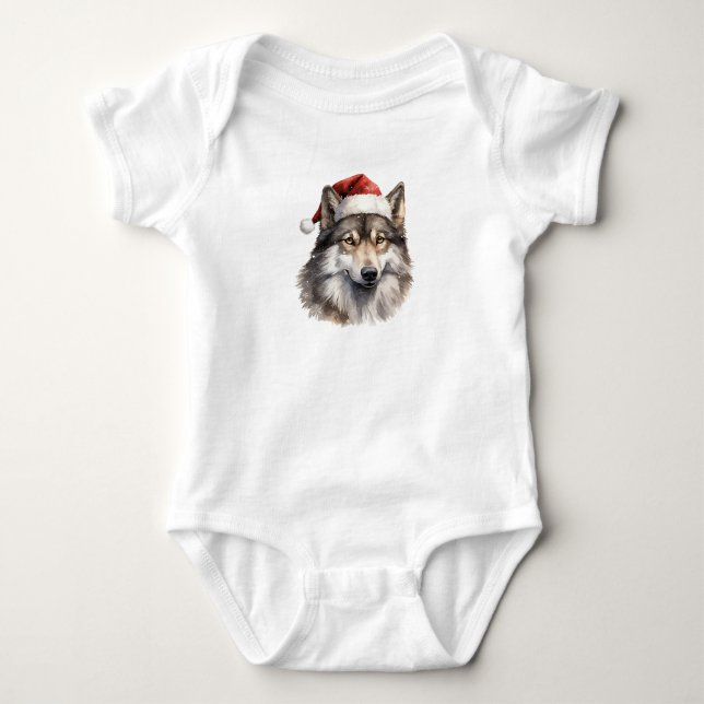 Cute Santa Wolf Baby Bodysuit (Front)