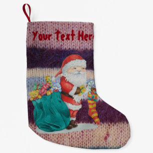 Cute santa wrapping gifts on knitted vintage small christmas stocking