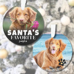 Cute Santa's Favourite Dog Photo Christmas Ornament<br><div class="desc">Personalised "Santa's Favourite" Dog Photo Ornament. Add some holiday cheer and humour to your decor with this playful ornament, perfect for showing off your pup's loveable personality. The front features the festive text "Santa's Favourite" along with your dog's name, adding a fun twist to celebrate your furry friend. There's also...</div>