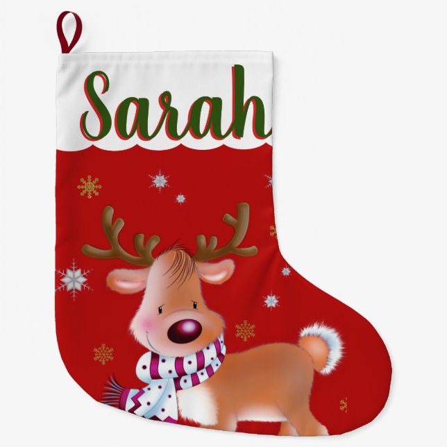 Cute Santa's Reindeer Large Christmas Stocking (Front)