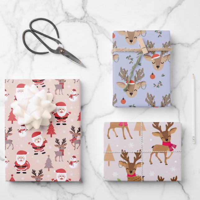 Cute Santas & Reindeers Wrapping Paper Sheet (Front)