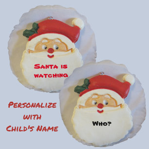 Cute Santa's Watching Child's Name Christmas Round Cushion