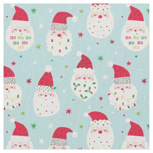 Cute Santas with festive beards light blue Fabric (Close Up)