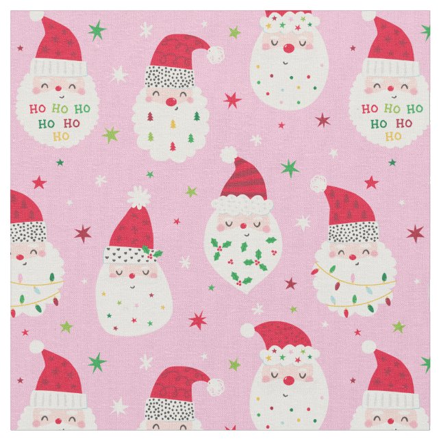 Cute Santas with festive beards pink Fabric (Close Up)