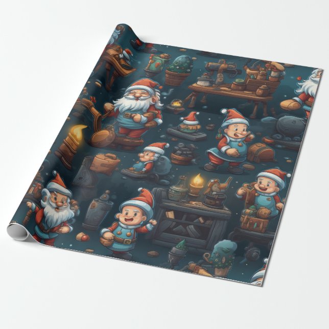 Cute Santa's Workshop Wrapping Paper (Unrolled)