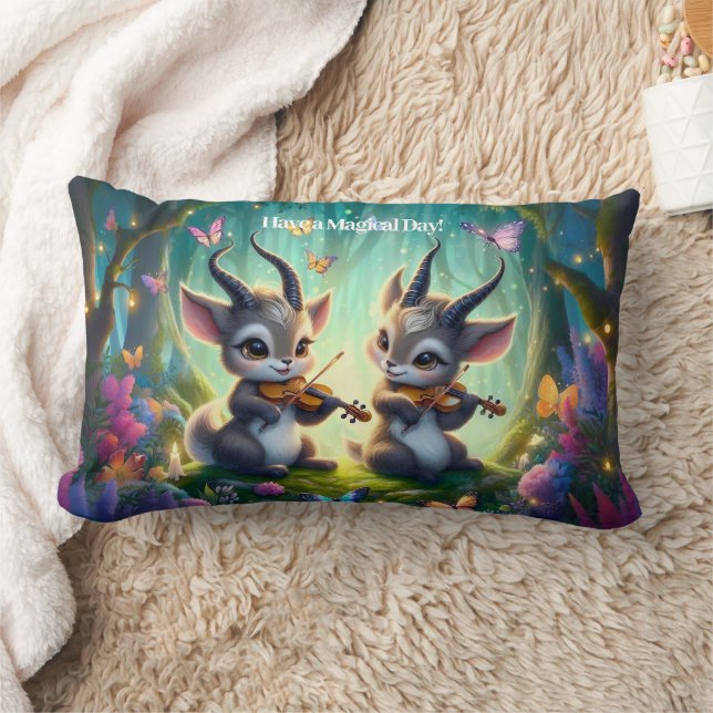 Cute Saolas Playing Violas in a Magical Forest Lumbar Cushion (Blanket)