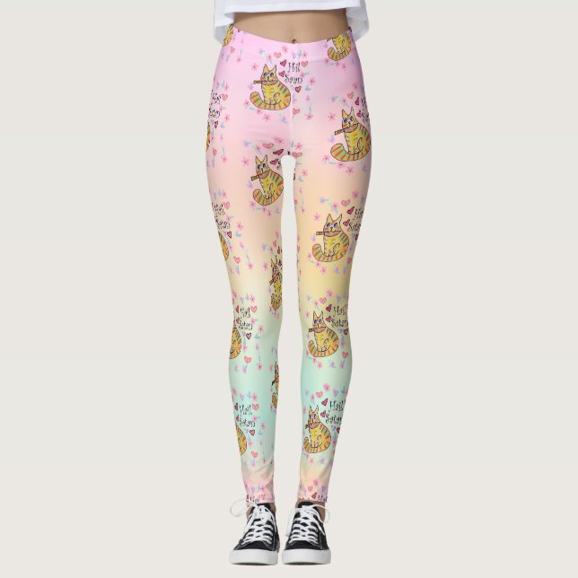 Cute sarcastic cartoon kitty hail Satan Leggings (Front)