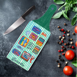 Cute sardines cans crustaceans mint striped long cutting board