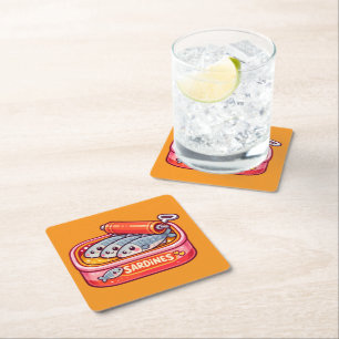 Cute Sardines Fish Cartoon Square Paper Coaster