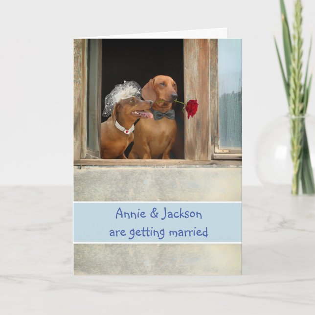 Cute Save the Date with Dachshund Couple in Window Card (Front)