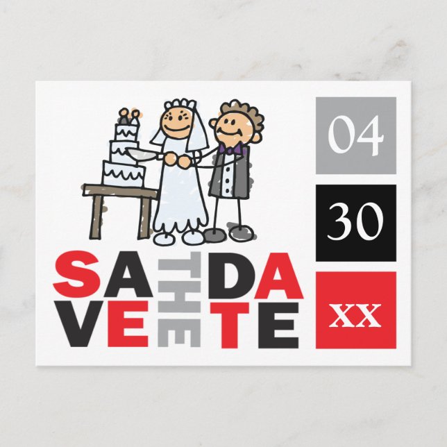 Cute Save The Dates Card Couple Cut Wedding Cake (Front)