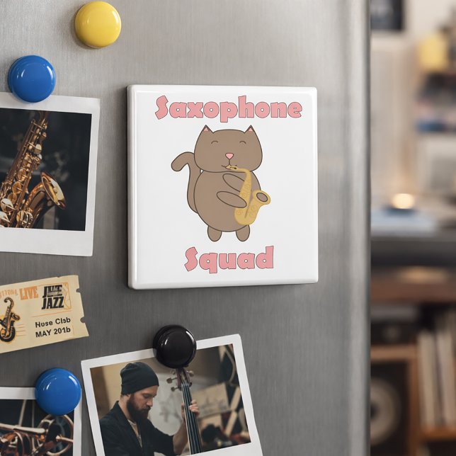 Cute Saxophone Squad Cat Magnet (A funny magnet with a saxophone playing cat and the text Saxophone Squad in pink letters.)