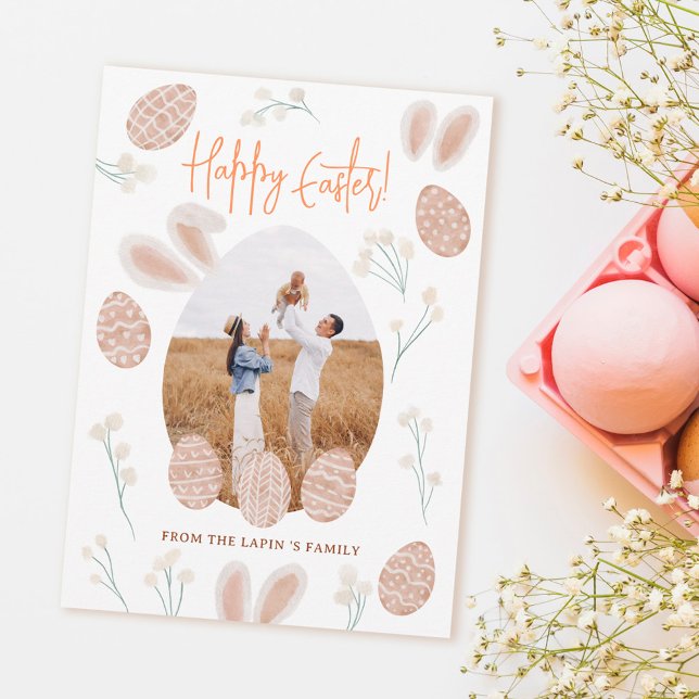 Cute Scandi happy Easter egg watercolor photo Holiday Card (Creator Uploaded)