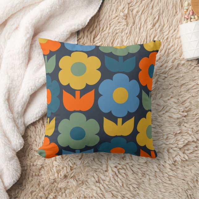 Cute Scandi Retro Modern Floral Pattern Blue Cushion (Blanket)