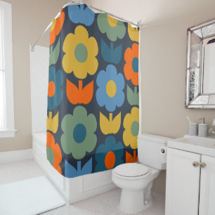 Cute Scandi Retro Modern Floral Pattern Blue Shower Curtain