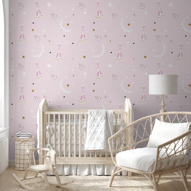 Cute Scandinavian Ballerina Dancing on Moon Pink Wallpaper (Kids)