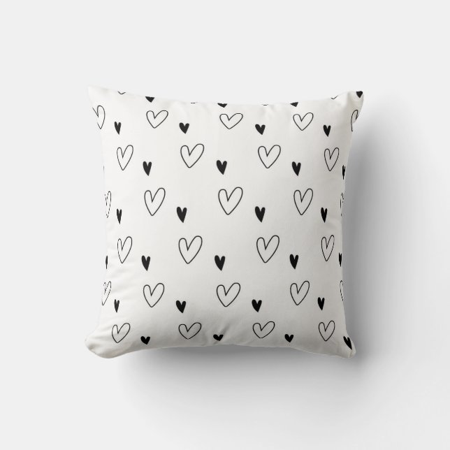 Cute Scandinavian Black and White Heart Pattern Cushion (Front)
