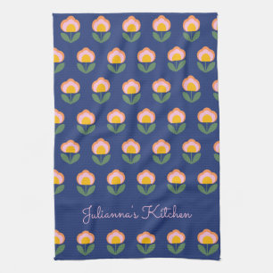 Cute Scandinavian Blue Flower Pattern Monogrammed Tea Towel