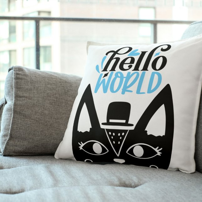 Cute Scandinavian cat with hat Hello World Cushion (Fun Black and Blue Hello World Cat Throw Pillow)