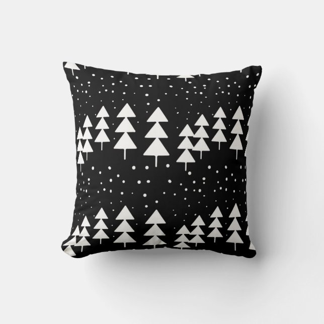 Cute Scandinavian Christmas Black and White Trees Cushion (Front)