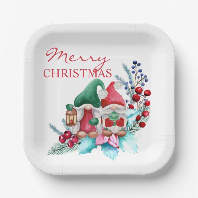Cute Scandinavian Christmas Gnome Paper Plates (Front)