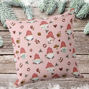 Cute Scandinavian Christmas Gnomes Pink Cushion