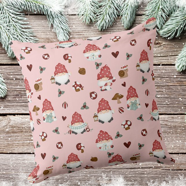 Cute Scandinavian Christmas Gnomes Pink Cushion (Creator Uploaded)