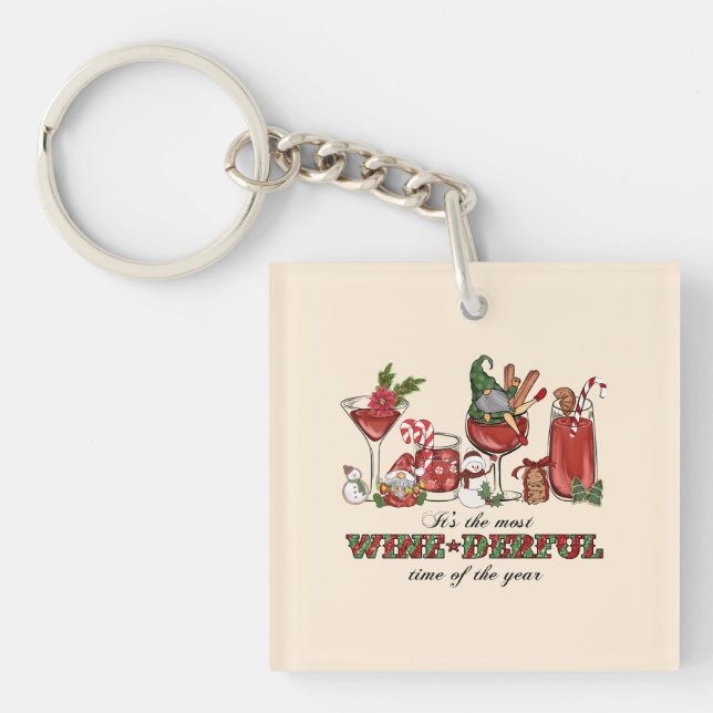 Cute Scandinavian Christmas Gnomes with Wine Glass Key Ring (Front)