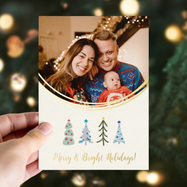 Cute Scandinavian Christmas Photo real Foil Holiday Card (Cute Scandinavian Christmas trees custom foil holiday card with your photo and text)
