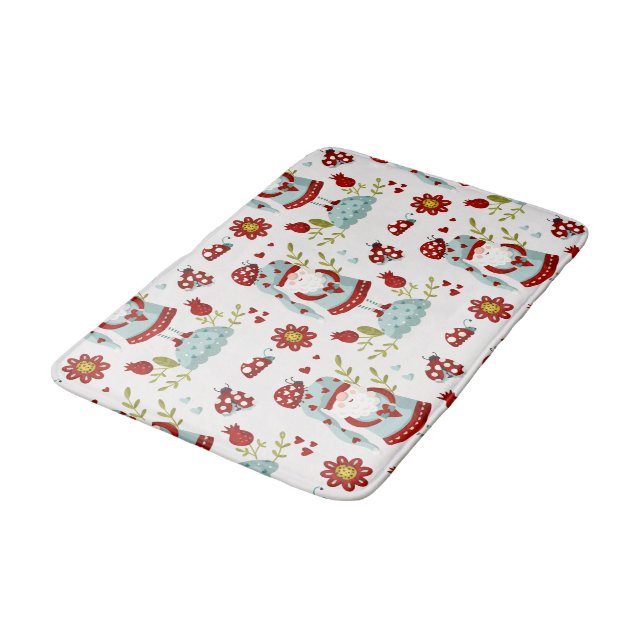 Cute Scandinavian Gnome Floral Pattern Bath Mat (Angled)